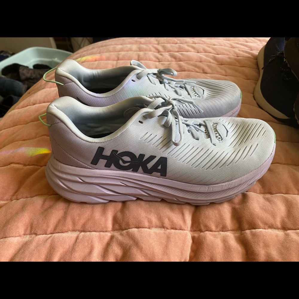 Hoka shoes light gray and lavender